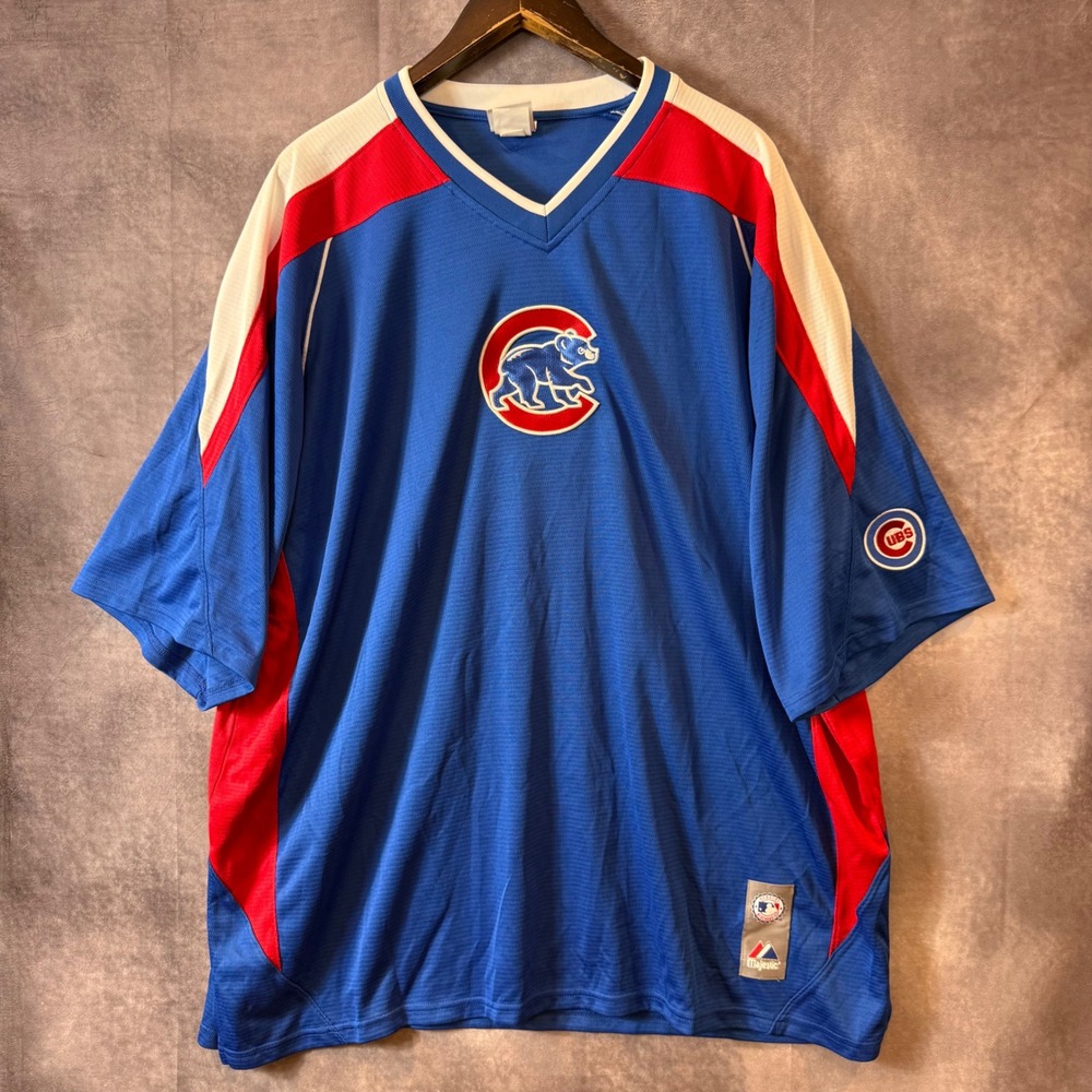 Majestic Chicago Cubs MLB Jersey Mens 2XL Blue Red White V-Neck Mesh Pullover